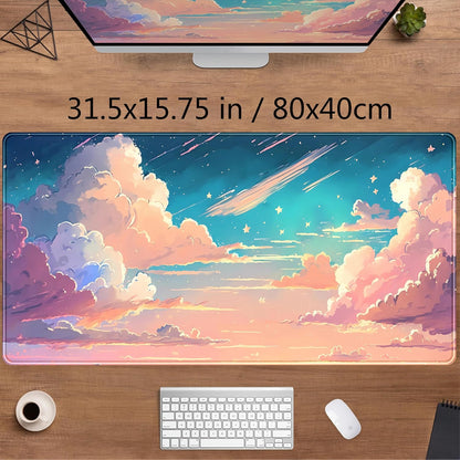 Cool Pink Desk Mat Pastel Clouds Large XXL Gaming Mouse Pad Non-Slip Rubber Base Mousepad, Office Desktop Decor Desk Pad, Computer Laptop Keyboard and Mouse Mat with Stitched Edges, 31.5x15.75 in