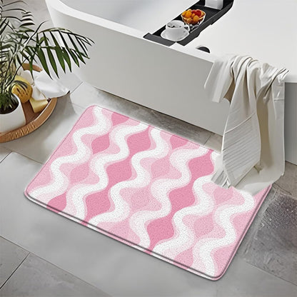 Pink Striped Bath Mat Abstract Stripes Wavy Line Modern Minimalist Geometric Bathroom Rug Microfiber Memory Foam Shower Mat Kitchen Bath Floor Rugs, 18x30 Inch