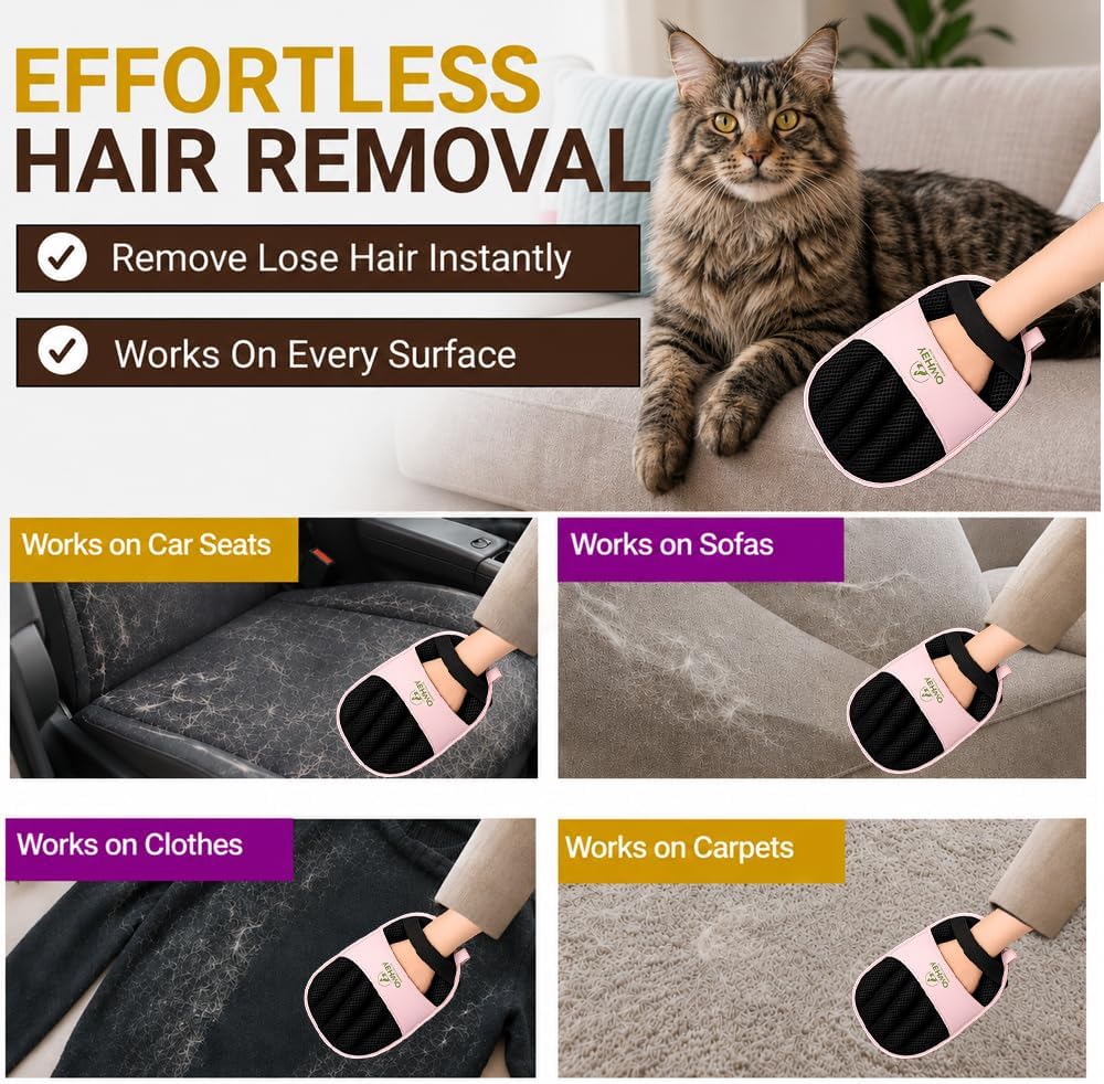 Pet Hair Remover Glove for Dogs & Cats - Reusable Double-Sided Electrostatic Grooming Mitt for Couch, Car Seats, Furniture, Bedding & Clothing - Washable Fur & Lint Removal Tool (1 Pack) Pink
