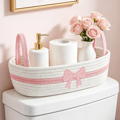 Pink Bow Woven Storage Basket for Toilet Tank Top Boho Bathroom Cotton Rope Organizer Basket with Handle for Shelf Bedroom Living Room Nursery Toys Organizing, 13 x 6 x 4 Inch