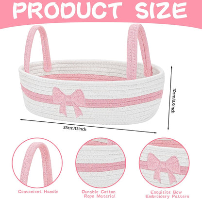Pink Bow Woven Storage Basket for Toilet Tank Top Boho Bathroom Cotton Rope Organizer Basket with Handle for Shelf Bedroom Living Room Nursery Toys Organizing, 13 x 6 x 4 Inch