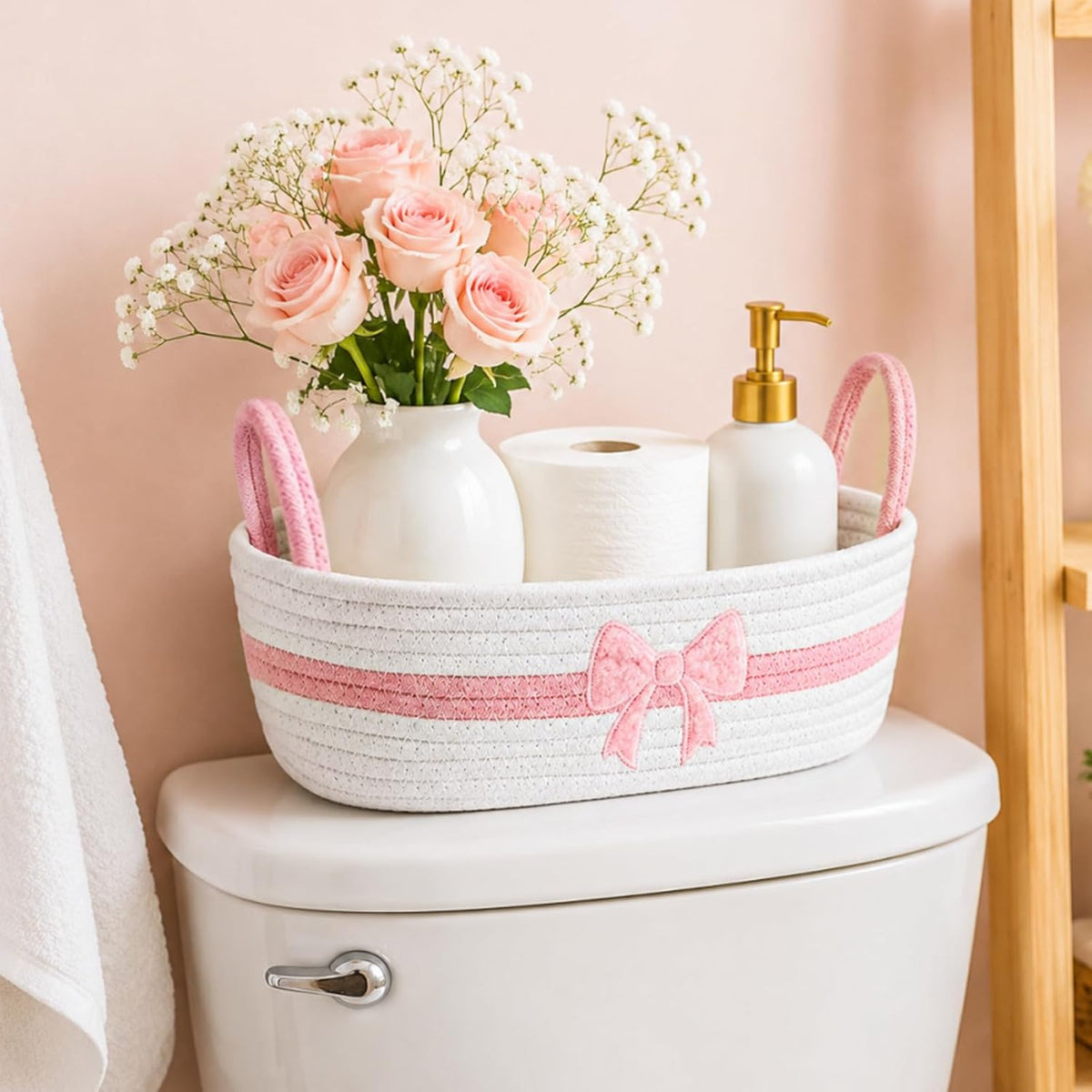 Pink Bow Woven Storage Basket for Toilet Tank Top Boho Bathroom Cotton Rope Organizer Basket with Handle for Shelf Bedroom Living Room Nursery Toys Organizing, 13 x 6 x 4 Inch