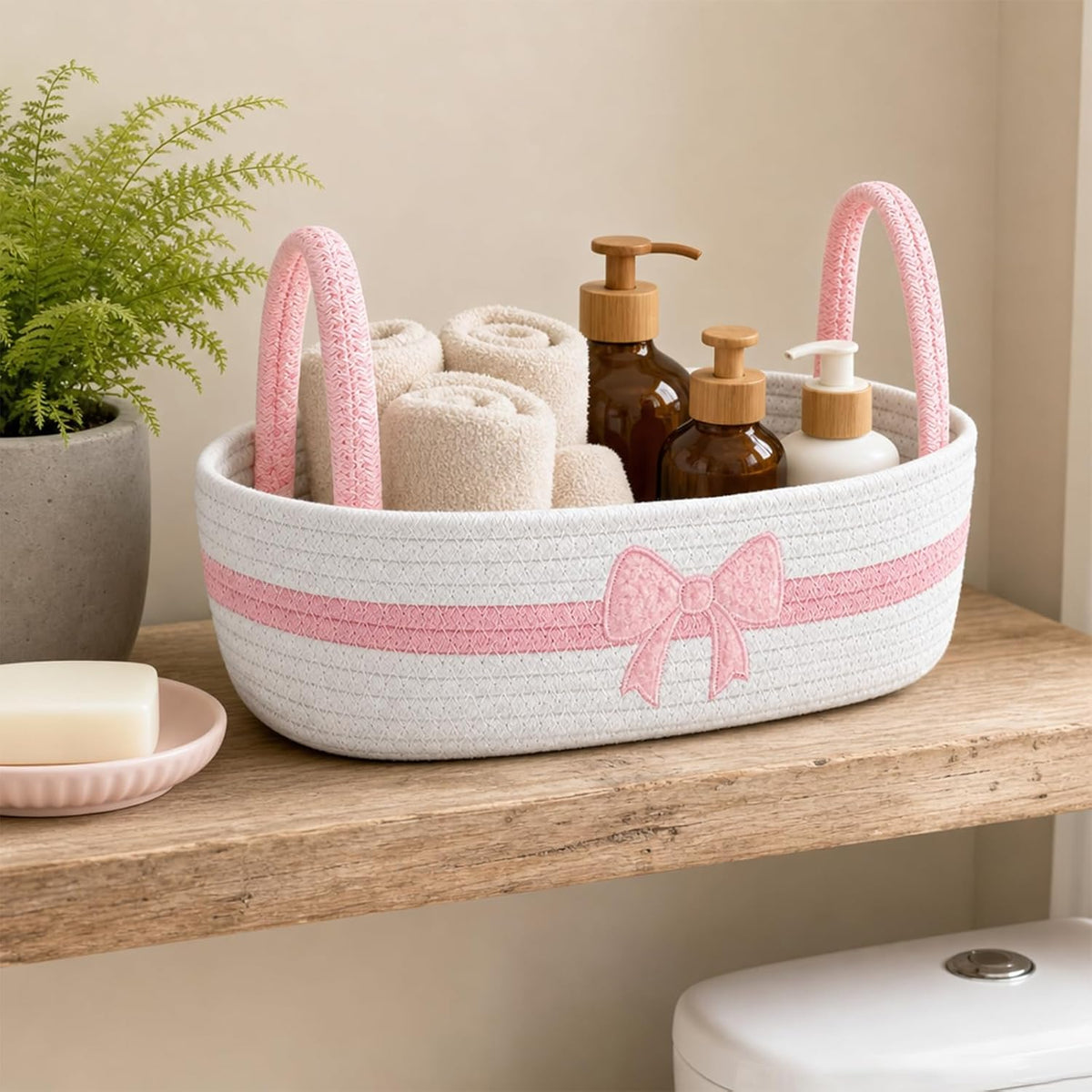 Pink Bow Woven Storage Basket for Toilet Tank Top Boho Bathroom Cotton Rope Organizer Basket with Handle for Shelf Bedroom Living Room Nursery Toys Organizing, 13 x 6 x 4 Inch