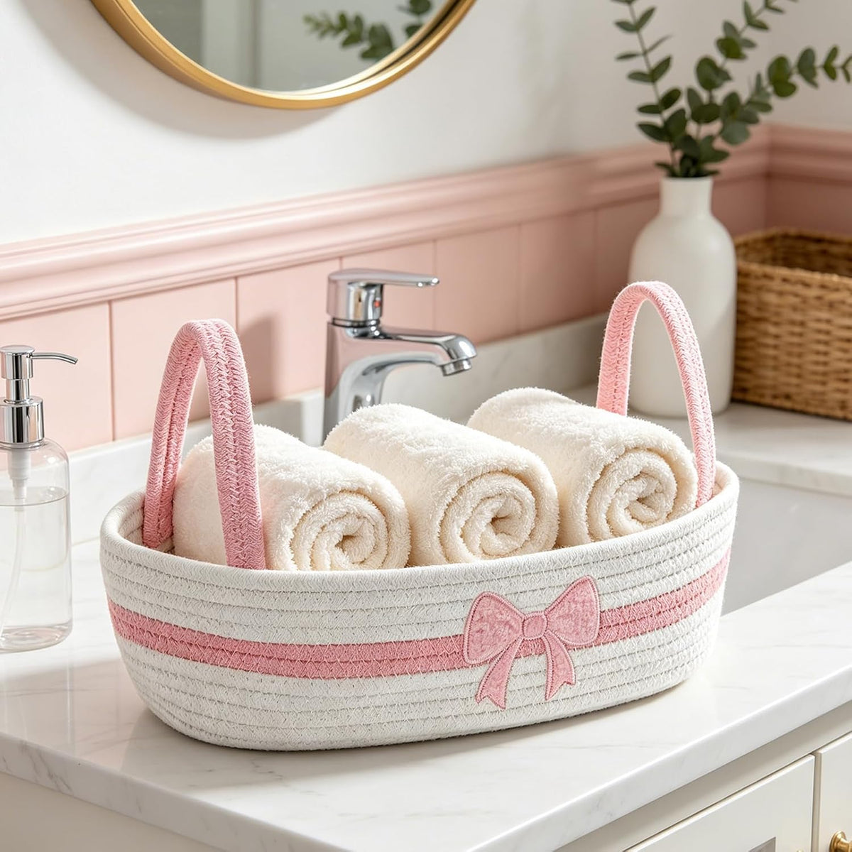 Pink Bow Woven Storage Basket for Toilet Tank Top Boho Bathroom Cotton Rope Organizer Basket with Handle for Shelf Bedroom Living Room Nursery Toys Organizing, 13 x 6 x 4 Inch
