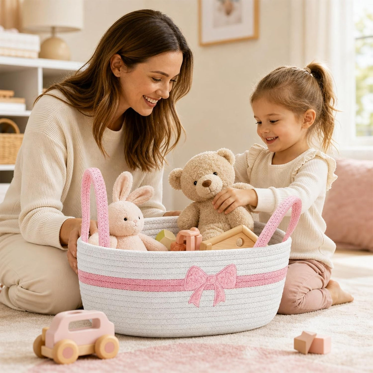 Pink Bow Woven Storage Basket for Toilet Tank Top Boho Bathroom Cotton Rope Organizer Basket with Handle for Shelf Bedroom Living Room Nursery Toys Organizing, 13 x 6 x 4 Inch