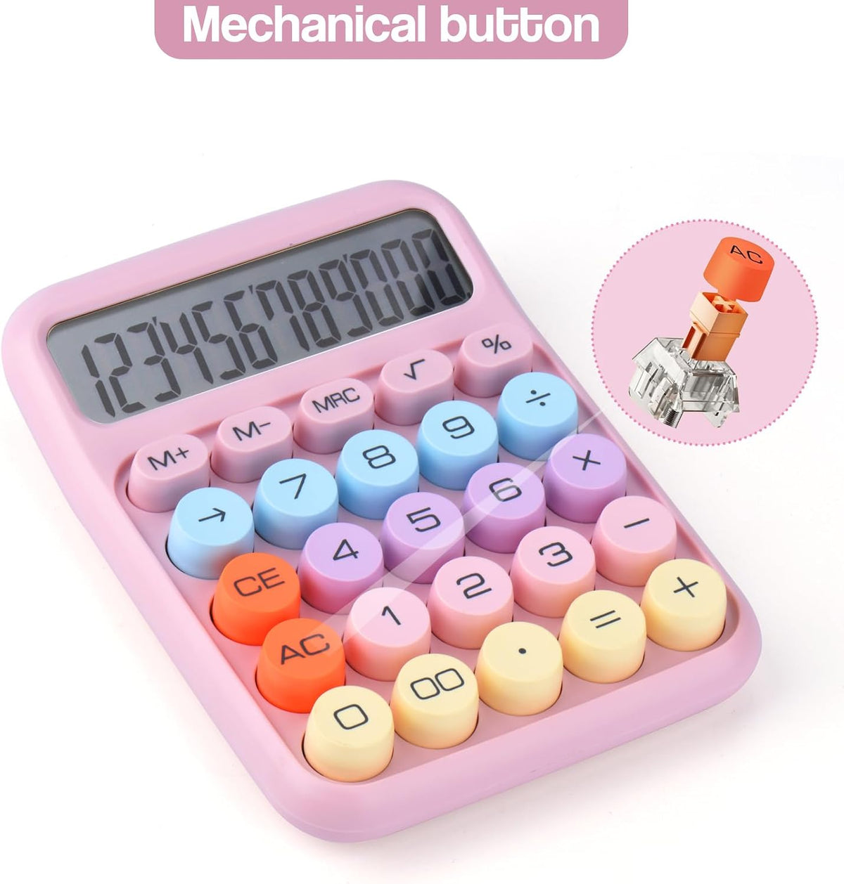 Mechanical Pushbutton Calculator,12 Digit Large LCD Display,Big Buttons Easy to Press,Colorful Candy Calculator,Automatic Sleep,with Battery.for Office,School, Home. (Pink)