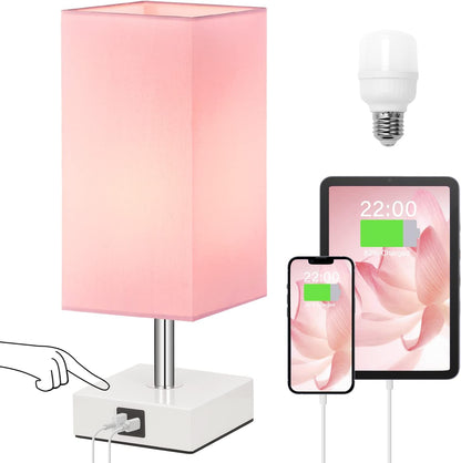 Pink Touch Table Lamp for Bedroom - Dimmable, USB C+A, Girls Bedside Lamp