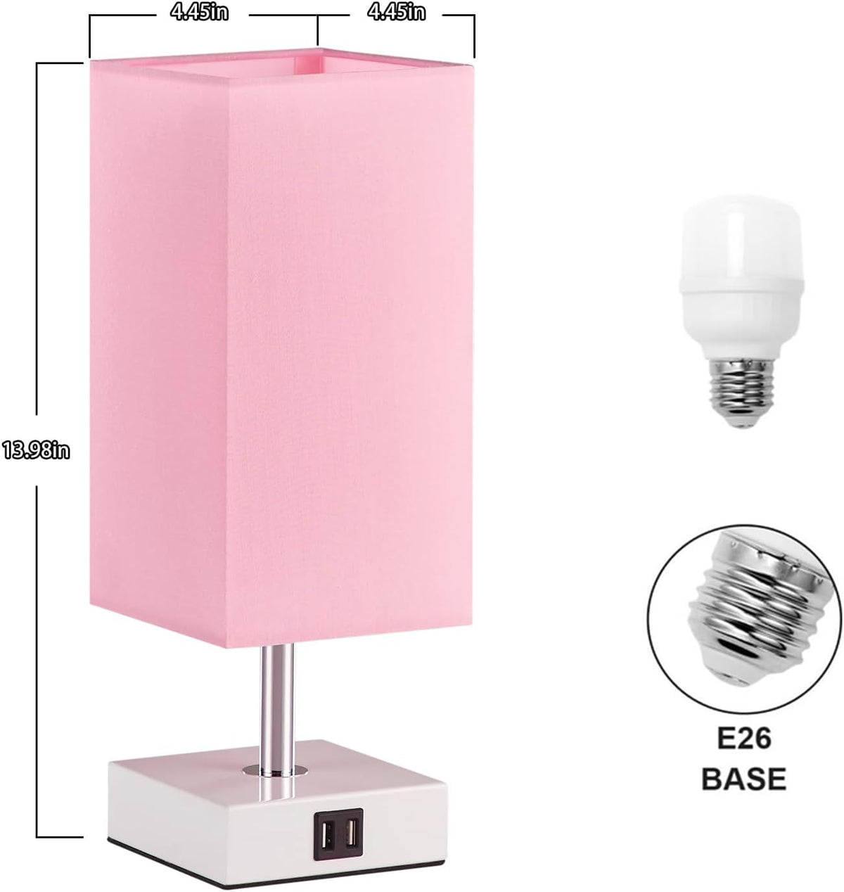 Pink Touch Table Lamp for Bedroom - Dimmable, USB C+A, Girls Bedside Lamp