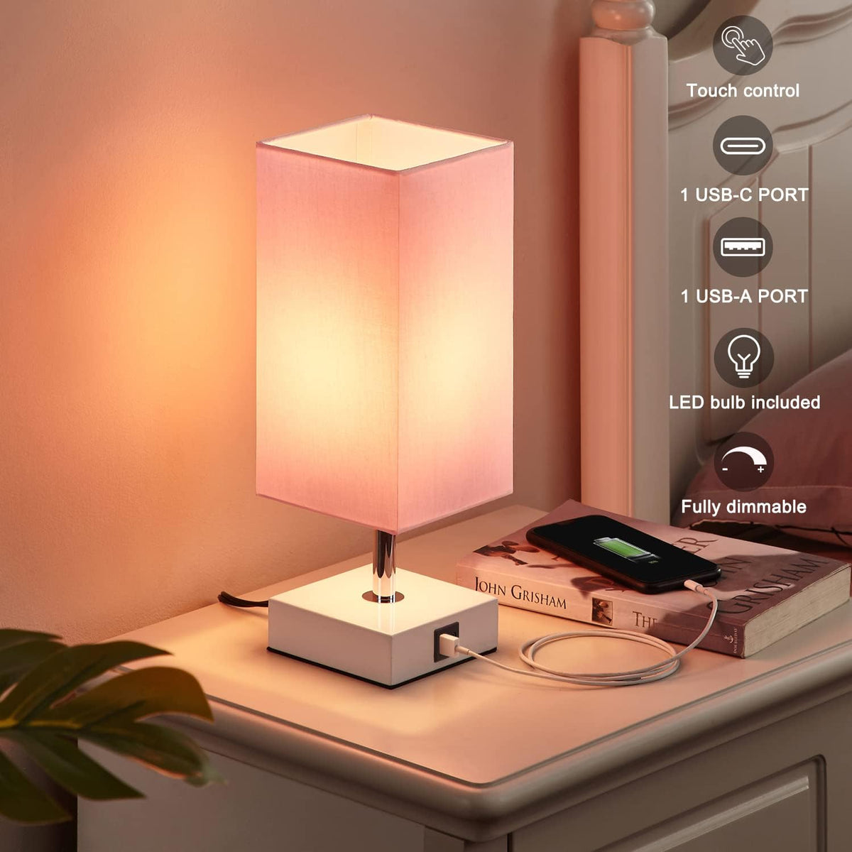 Pink Touch Table Lamp for Bedroom - Dimmable, USB C+A, Girls Bedside Lamp