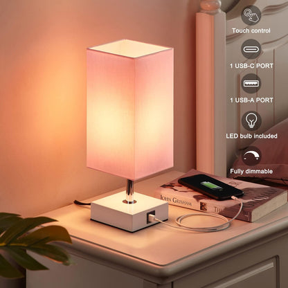 Pink Touch Table Lamp for Bedroom - Dimmable, USB C+A, Girls Bedside Lamp
