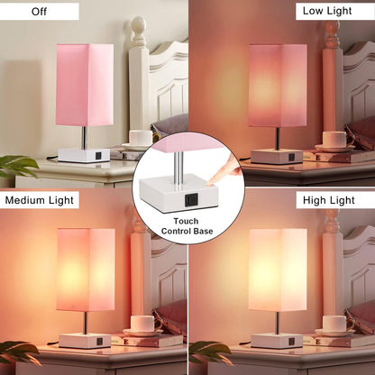 Pink Touch Table Lamp for Bedroom - Dimmable, USB C+A, Girls Bedside Lamp