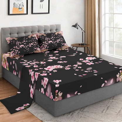 WeCozy Queen Bed Sheet Set, 4 Pieces Blossom Cherry Bedding with Flat