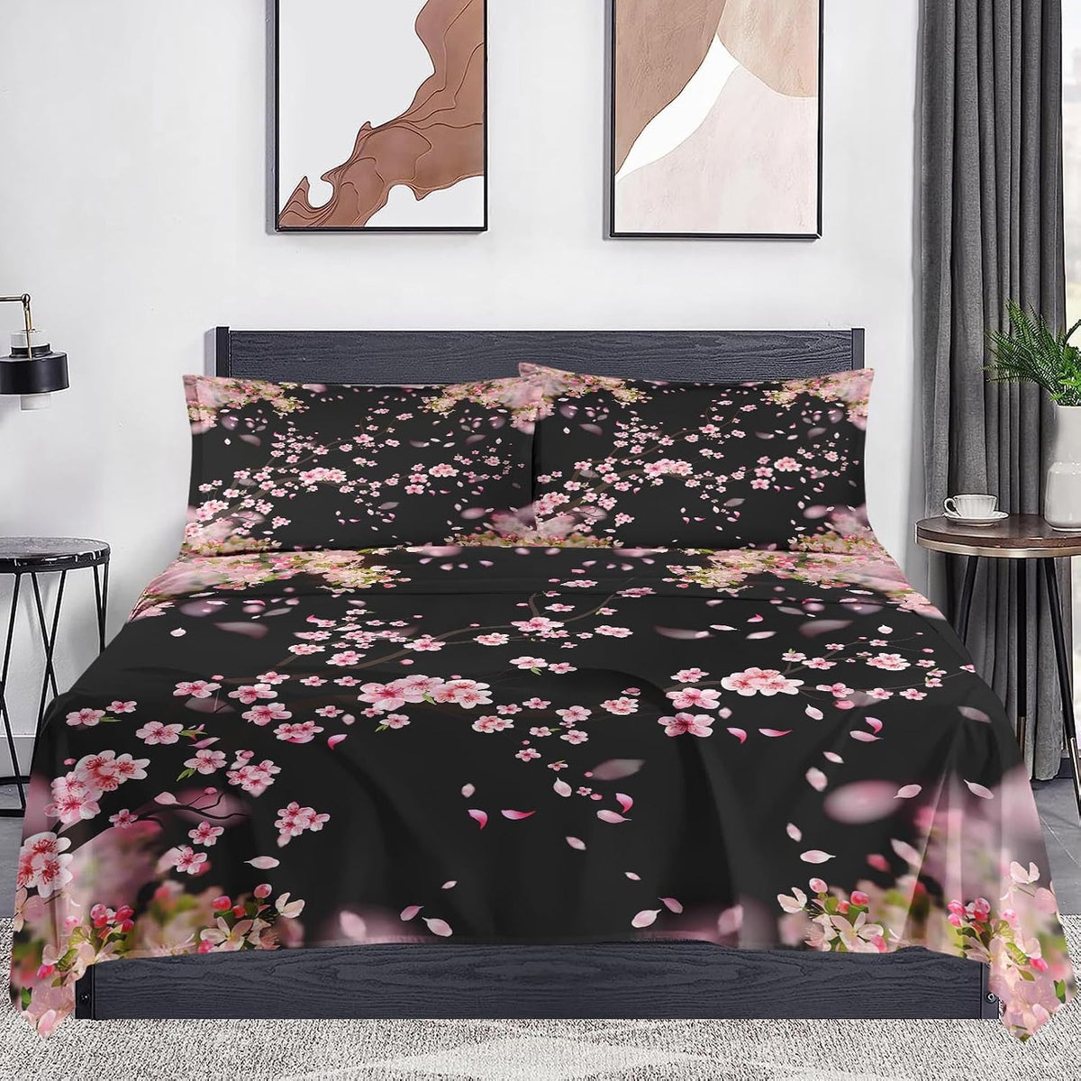 WeCozy Queen Bed Sheet Set, 4 Pieces Blossom Cherry Bedding with Flat