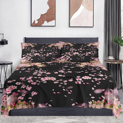 WeCozy Queen Bed Sheet Set, 4 Pieces Blossom Cherry Bedding with Flat