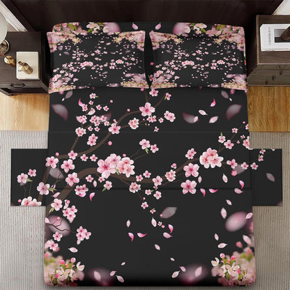 WeCozy Queen Bed Sheet Set, 4 Pieces Blossom Cherry Bedding with Flat
