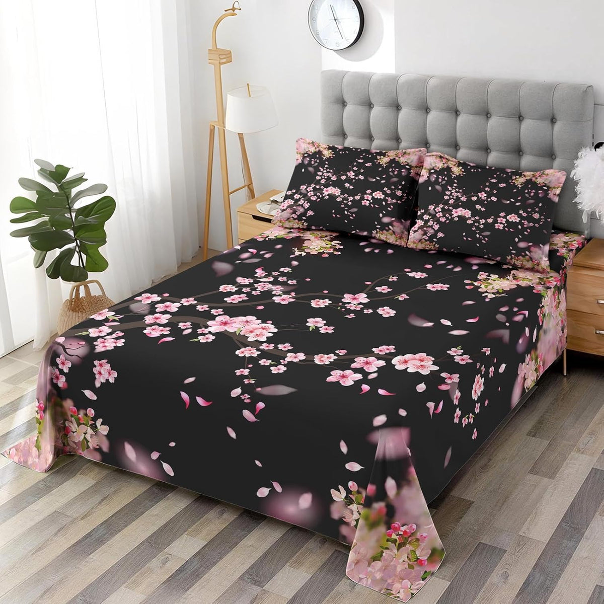 WeCozy Queen Bed Sheet Set, 4 Pieces Blossom Cherry Bedding with Flat