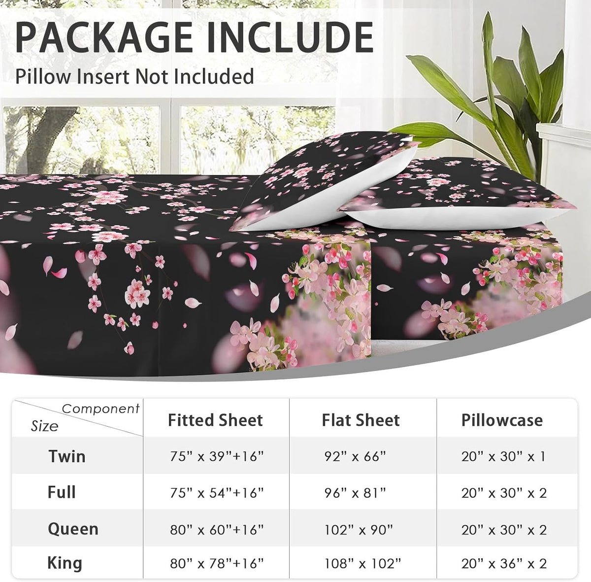 WeCozy Queen Bed Sheet Set, 4 Pieces Blossom Cherry Bedding with Flat