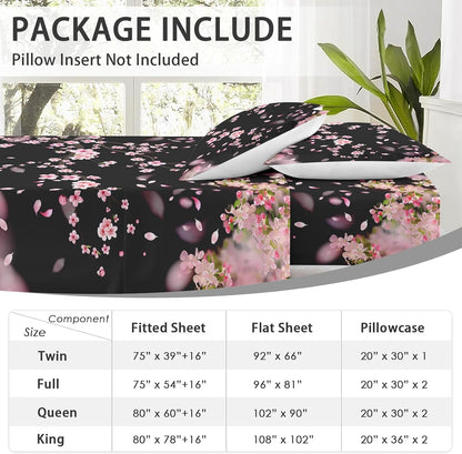 WeCozy Queen Bed Sheet Set, 4 Pieces Blossom Cherry Bedding with Flat