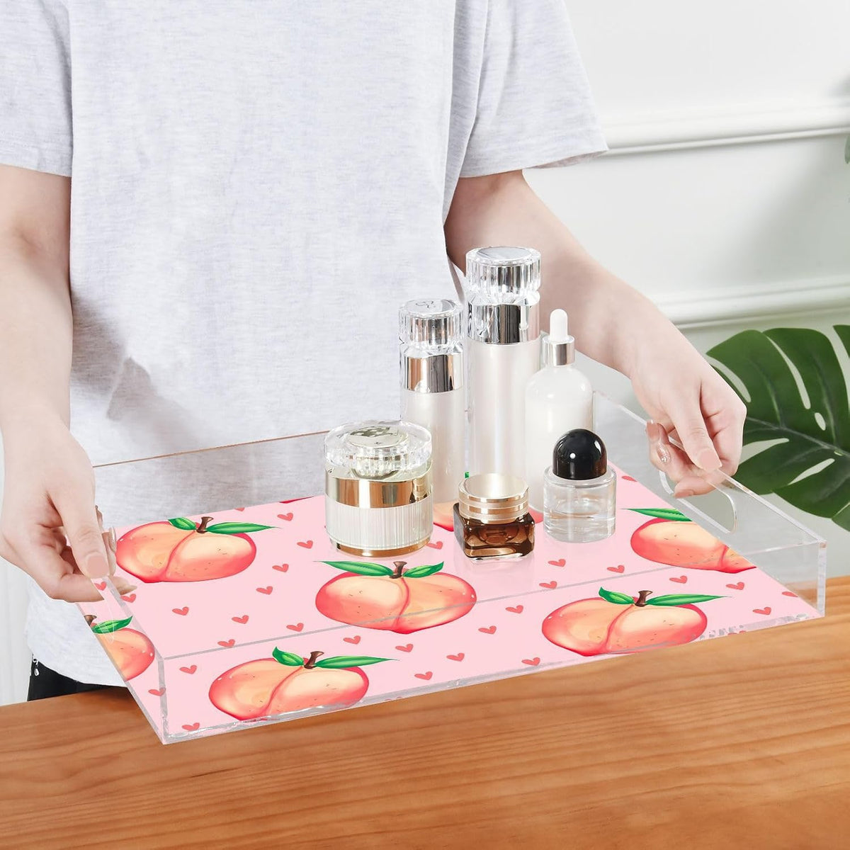 Spill Proof Acrylic Serving Tray, Countertop Organizer 16x12 Inch with Handles for Breakfast, Living Rooms, Coffee, Juice, Kitchen and Desk, (Peach)