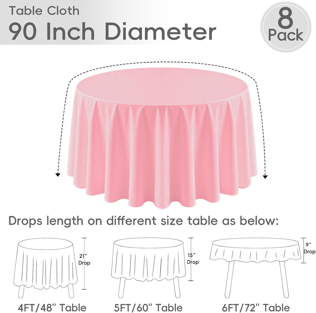 8 Pack Pink Round Tablecloth 90 Inch