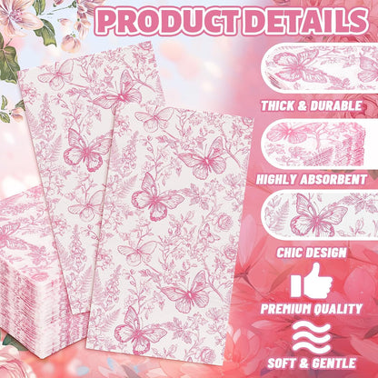 100 Pcs Pink Floral Guest Napkins Disposable Napkins Chinoiserie Flower Butterfly Dinner Hand Paper Towel Napkin for Bathroom Wedding Birthday Spring Party Table Supplies