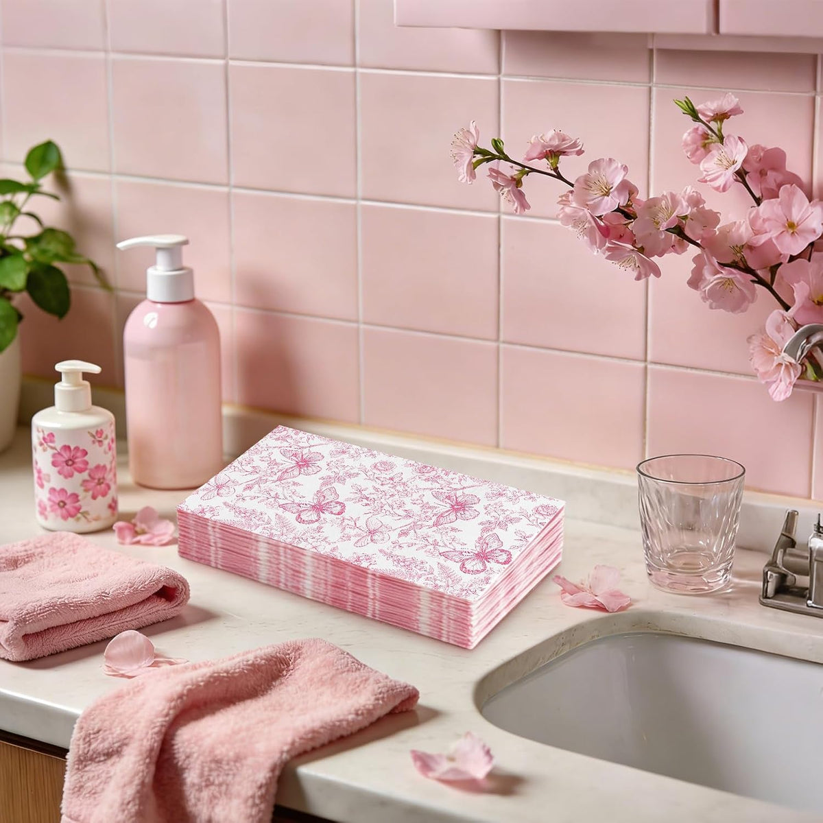 100 Pcs Pink Floral Guest Napkins Disposable Napkins Chinoiserie Flower Butterfly Dinner Hand Paper Towel Napkin for Bathroom Wedding Birthday Spring Party Table Supplies