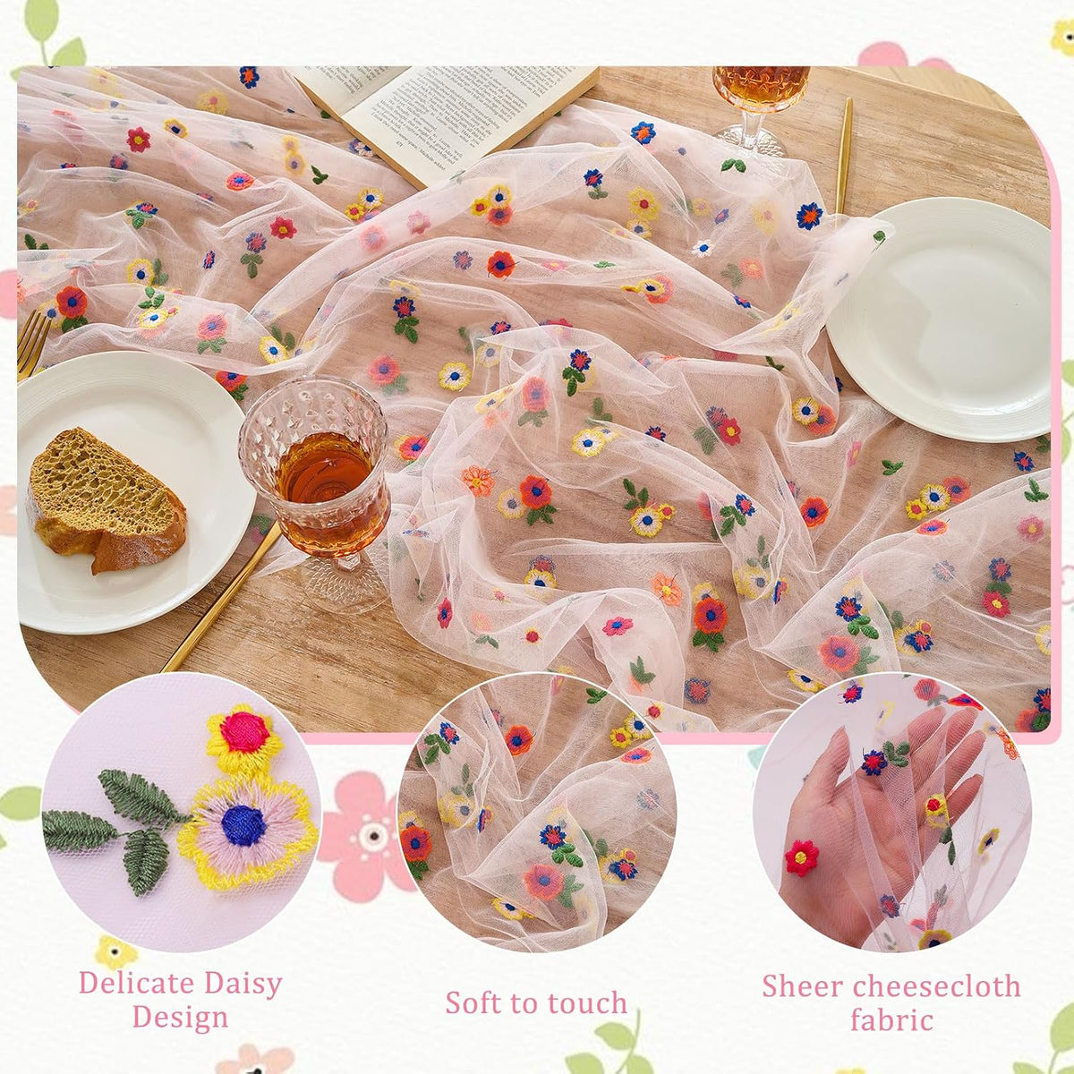 1pcs Pink Daisy Spring Table Runner Embroidery Gauze 10FT Florals Seasonal Tulle Holiday Birthday Kitchen Dining Table Decor for Home Party
