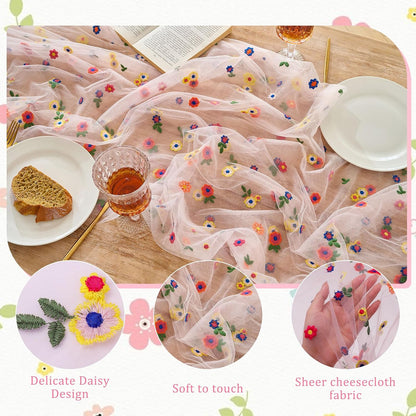 1pcs Pink Daisy Spring Table Runner Embroidery Gauze 10FT Florals Seasonal Tulle Holiday Birthday Kitchen Dining Table Decor for Home Party