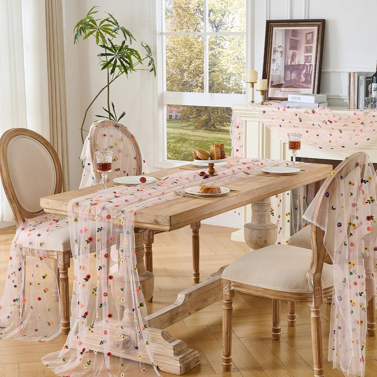 1pcs Pink Daisy Spring Table Runner Embroidery Gauze 10FT Florals Seasonal Tulle Holiday Birthday Kitchen Dining Table Decor for Home Party