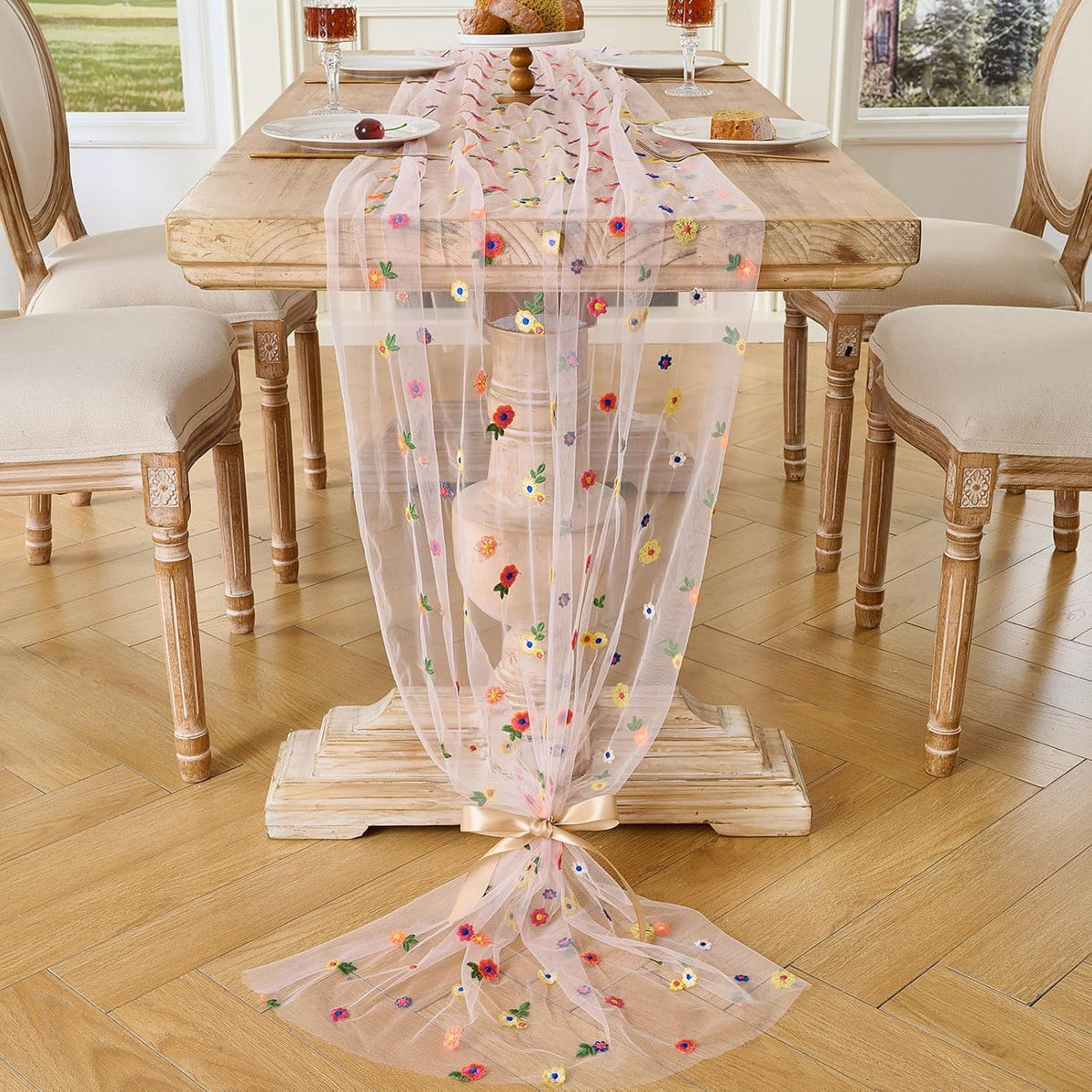 1pcs Pink Daisy Spring Table Runner Embroidery Gauze 10FT Florals Seasonal Tulle Holiday Birthday Kitchen Dining Table Decor for Home Party