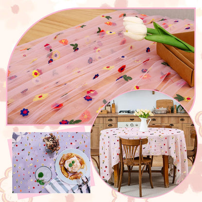 1pcs Pink Daisy Spring Table Runner Embroidery Gauze 10FT Florals Seasonal Tulle Holiday Birthday Kitchen Dining Table Decor for Home Party