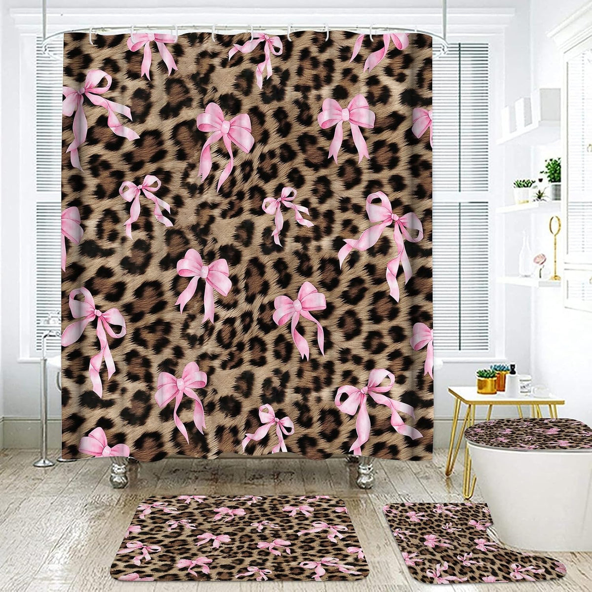Leopard Shower Curtain 4Pcs Cheetah Bow Shower Curtain Sets with Rugs