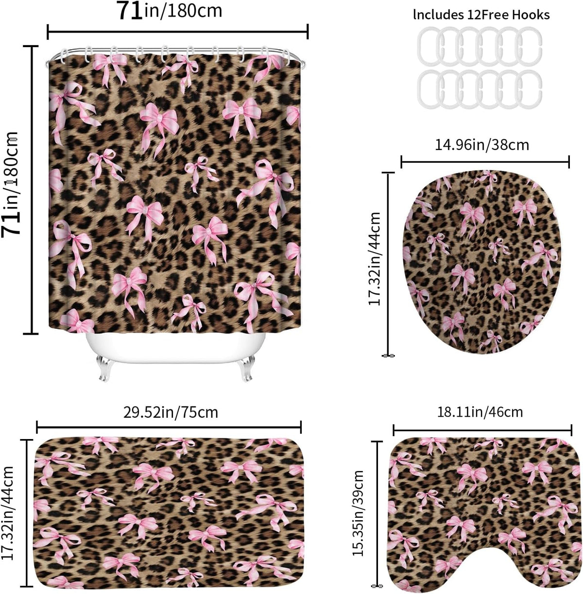 Leopard Shower Curtain 4Pcs Cheetah Bow Shower Curtain Sets with Rugs