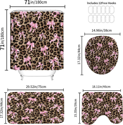 Leopard Shower Curtain 4Pcs Cheetah Bow Shower Curtain Sets with Rugs