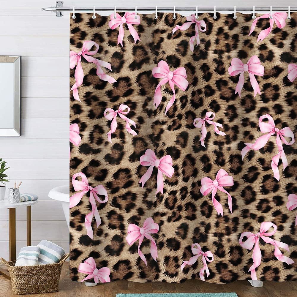 Leopard Shower Curtain 4Pcs Cheetah Bow Shower Curtain Sets with Rugs