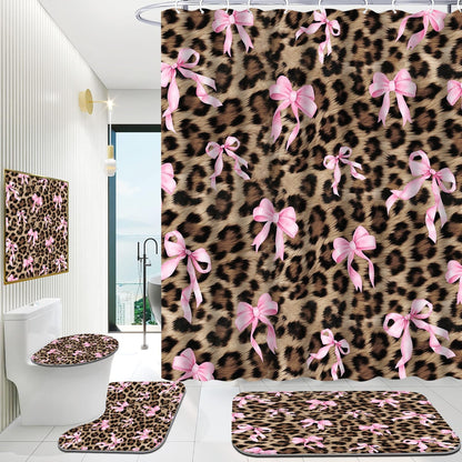 Leopard Shower Curtain 4Pcs Cheetah Bow Shower Curtain Sets with Rugs