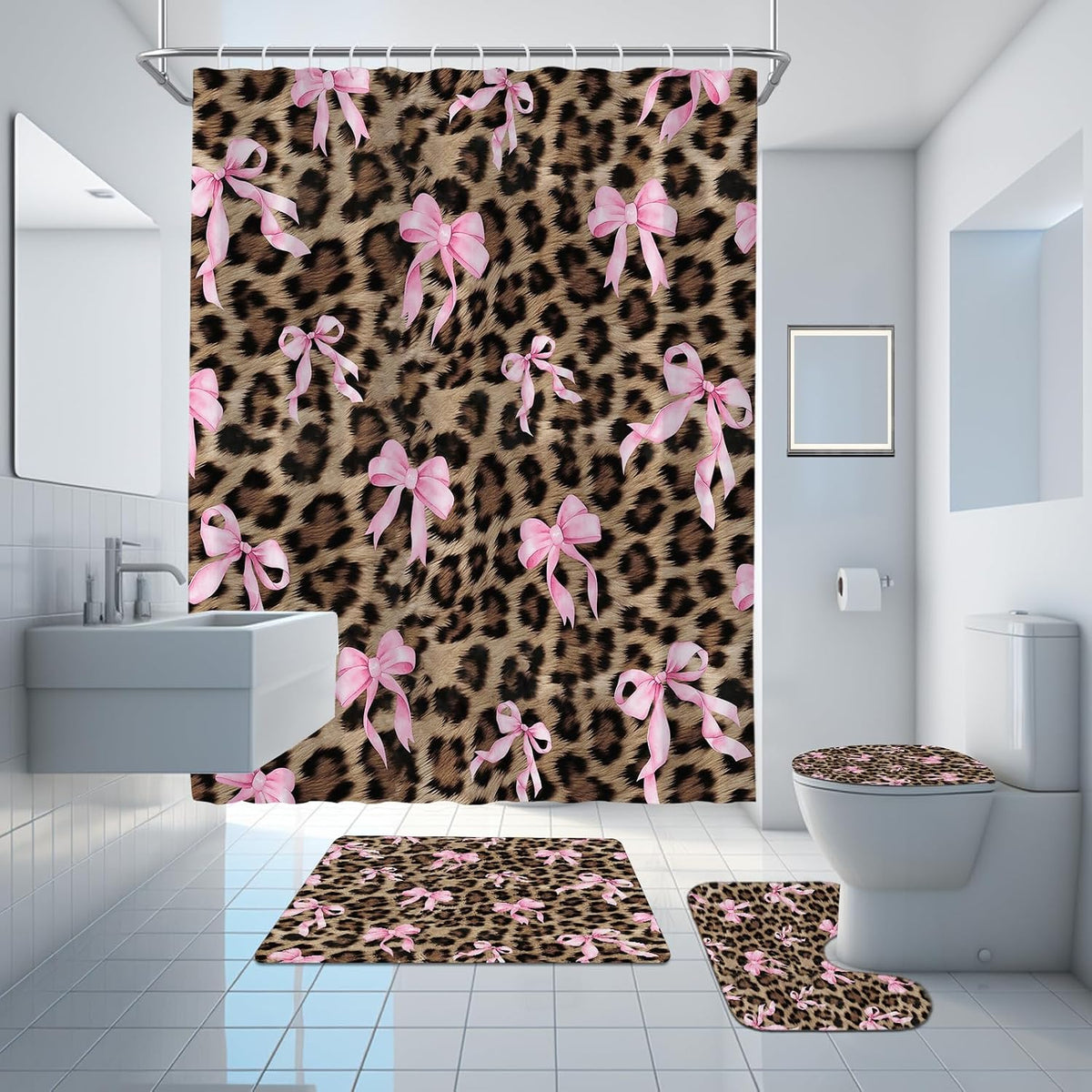 Leopard Shower Curtain 4Pcs Cheetah Bow Shower Curtain Sets with Rugs