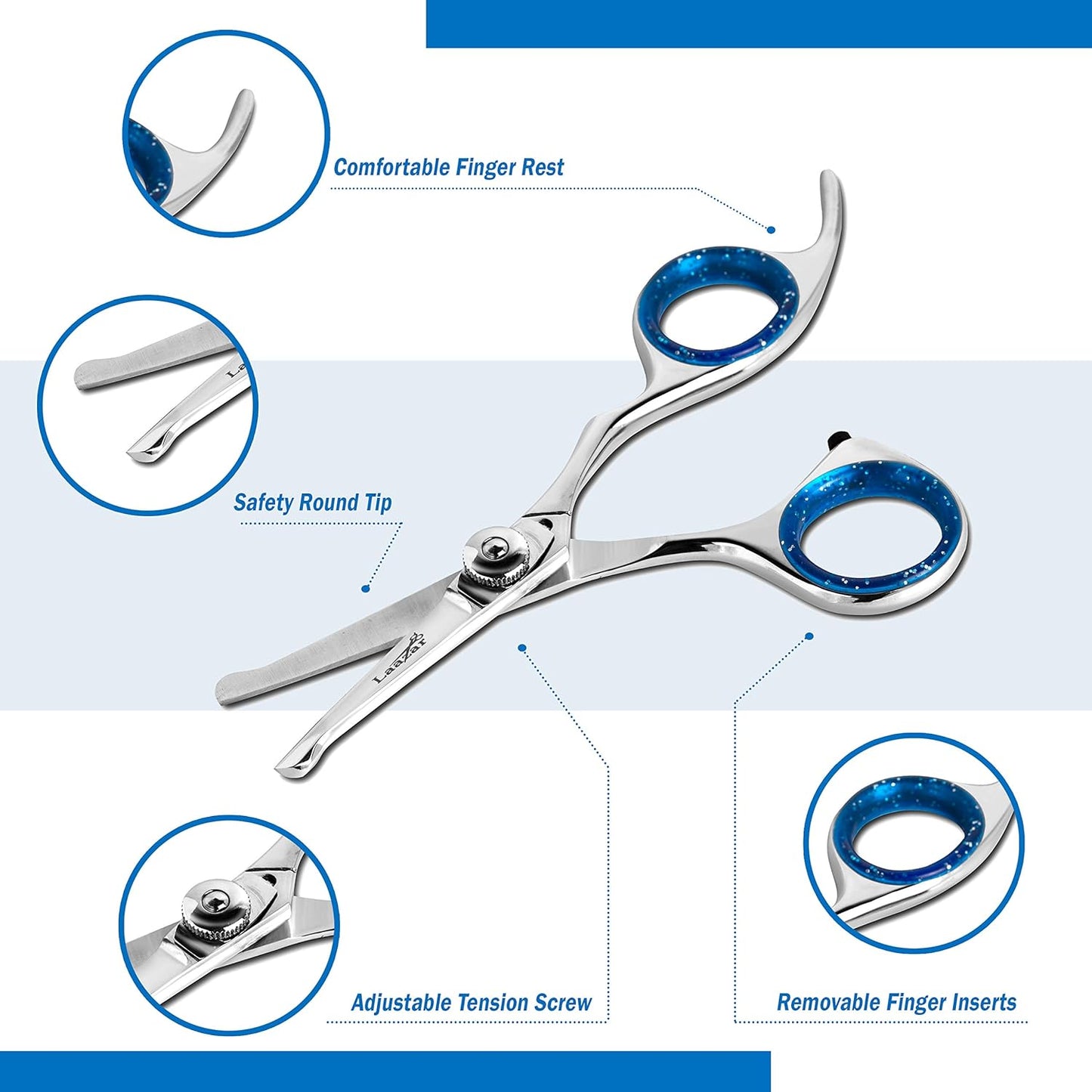 Laazar Straight Dog Grooming Scissors - Comfortable Around The Eyes Cat & Dog Scissors | Blunt Dog Trimming Scissors| Premium Stainless Steel | Grooming Scissors For Dogs - Small Dog Scissors