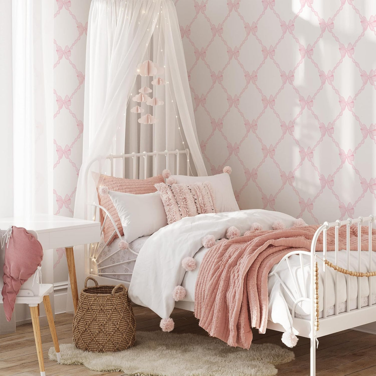 Pink Bow-Flower Pattern Peel and Stick Wallpaper, Removable Self-Adhesive Wall Covering for Nursery, Girls Room, Princess Theme Decor