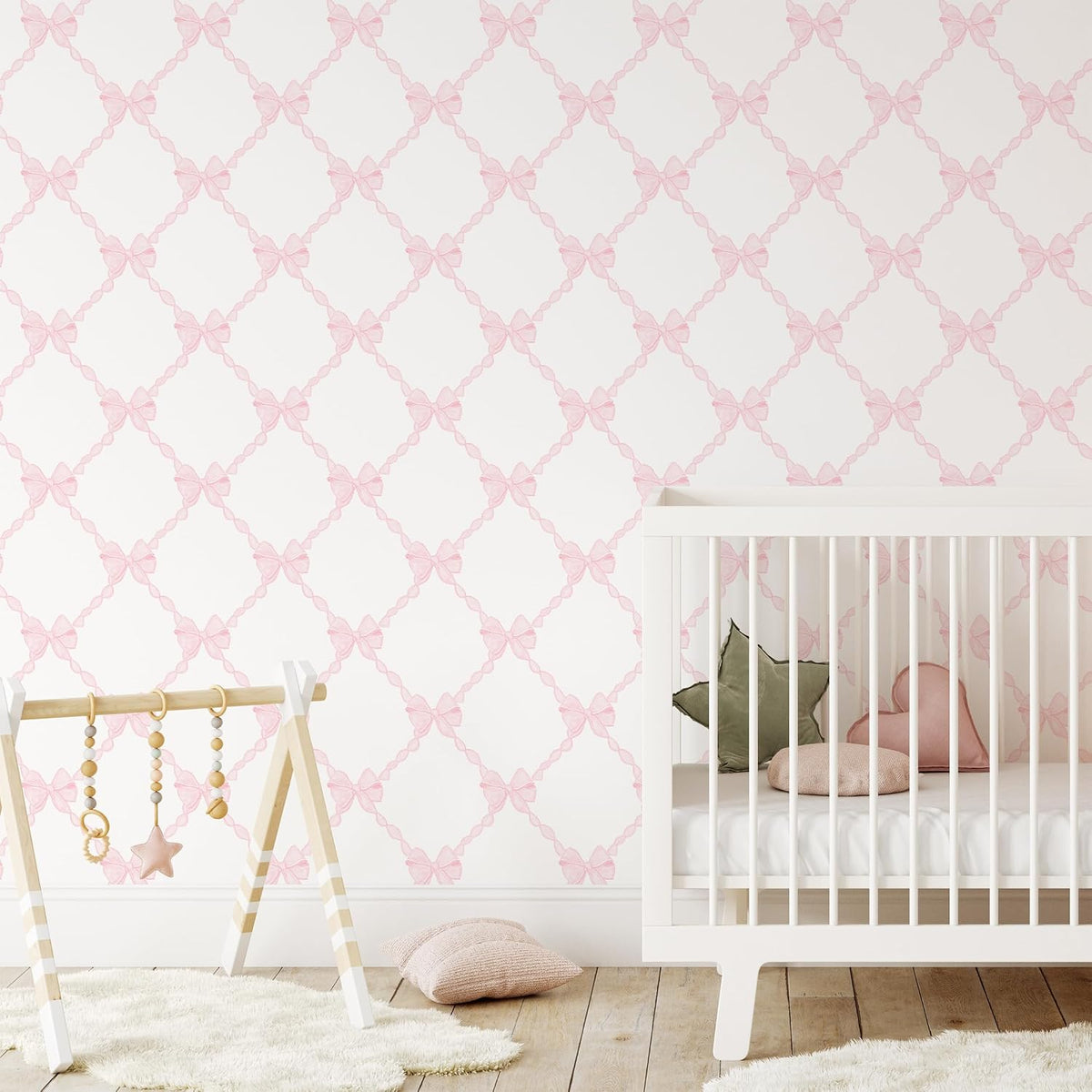 Pink Bow-Flower Pattern Peel and Stick Wallpaper, Removable Self-Adhesive Wall Covering for Nursery, Girls Room, Princess Theme Decor