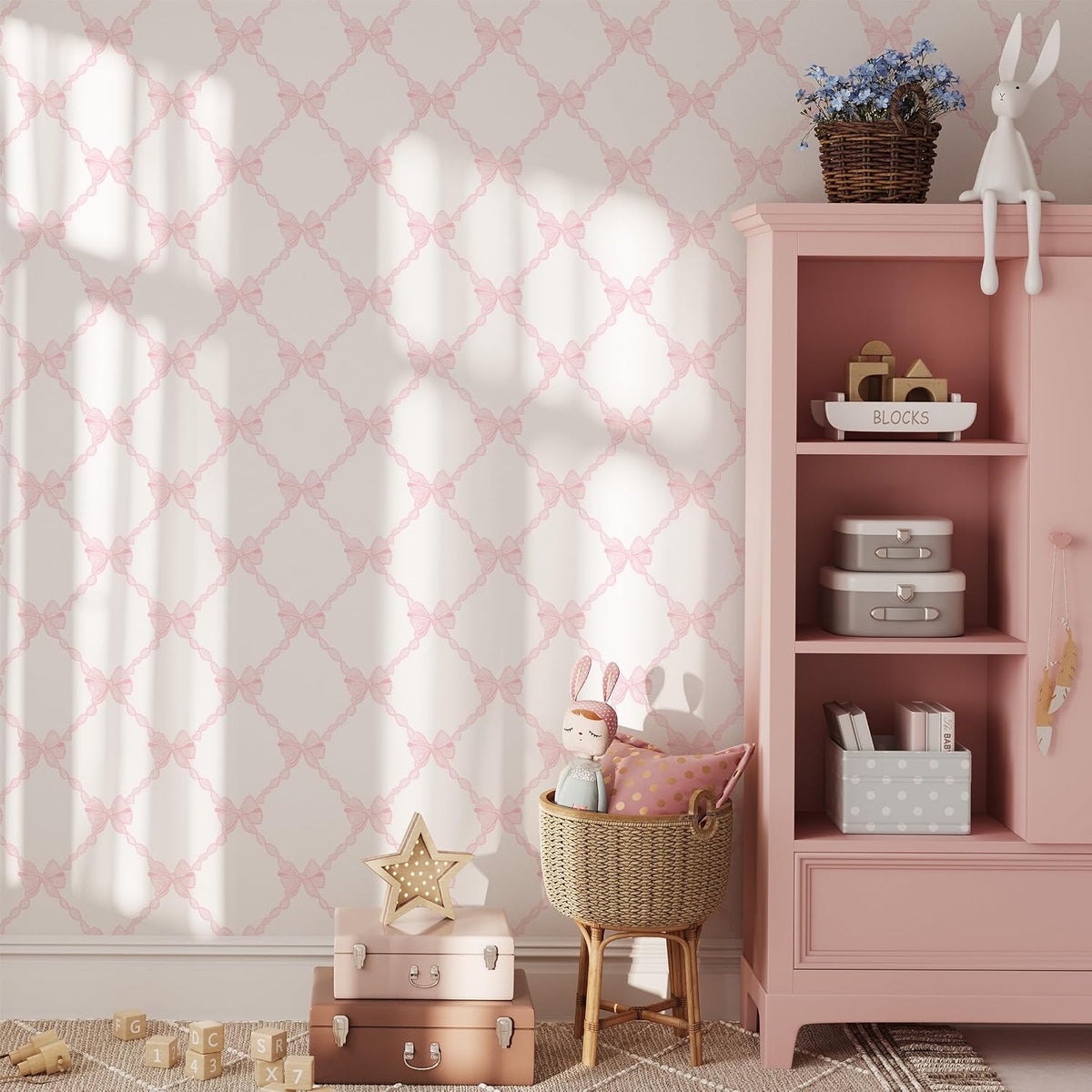Pink Bow-Flower Pattern Peel and Stick Wallpaper, Removable Self-Adhesive Wall Covering for Nursery, Girls Room, Princess Theme Decor