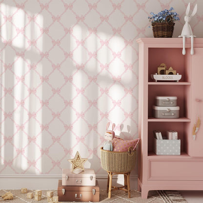 Pink Bow-Flower Pattern Peel and Stick Wallpaper, Removable Self-Adhesive Wall Covering for Nursery, Girls Room, Princess Theme Decor