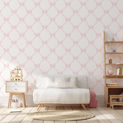 Pink Bow-Flower Pattern Peel and Stick Wallpaper, Removable Self-Adhesive Wall Covering for Nursery, Girls Room, Princess Theme Decor