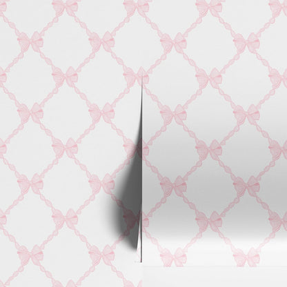 Pink Bow-Flower Pattern Peel and Stick Wallpaper, Removable Self-Adhesive Wall Covering for Nursery, Girls Room, Princess Theme Decor