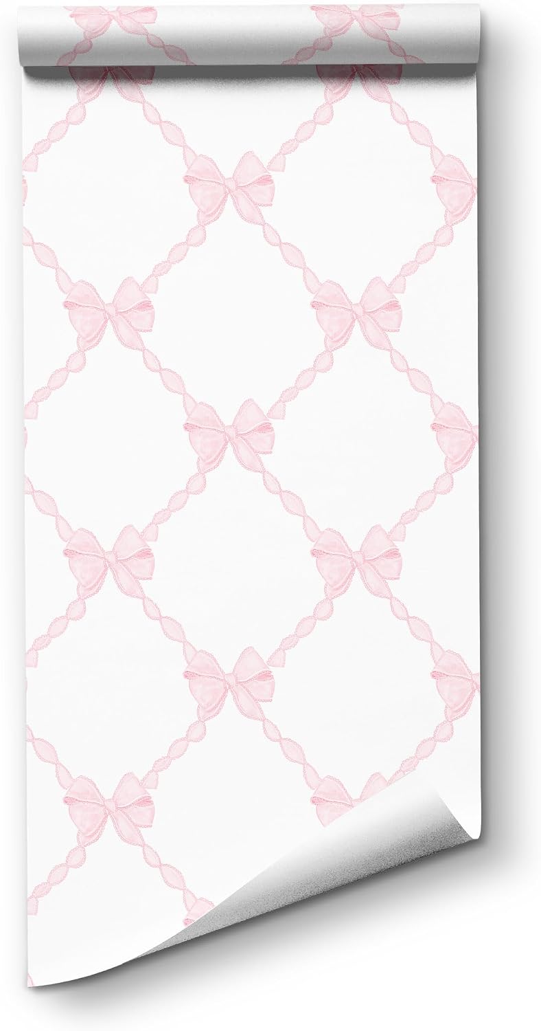 Pink Bow-Flower Pattern Peel and Stick Wallpaper, Removable Self-Adhesive Wall Covering for Nursery, Girls Room, Princess Theme Decor