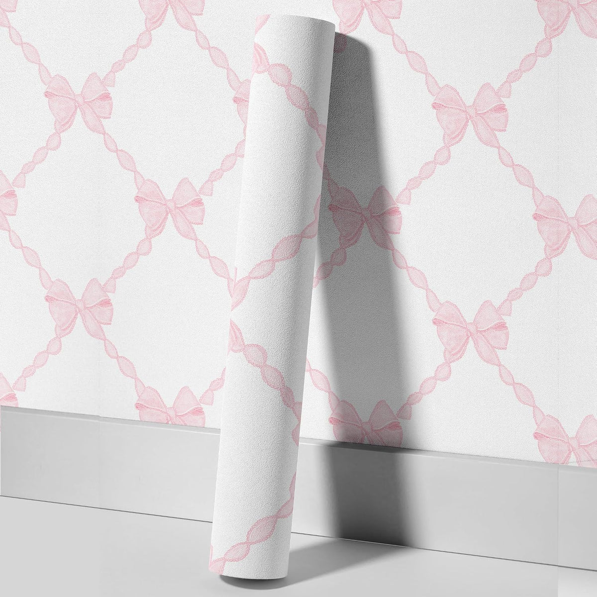 Pink Bow-Flower Pattern Peel and Stick Wallpaper, Removable Self-Adhesive Wall Covering for Nursery, Girls Room, Princess Theme Decor