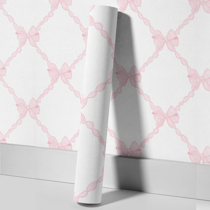Pink Bow-Flower Pattern Peel and Stick Wallpaper, Removable Self-Adhesive Wall Covering for Nursery, Girls Room, Princess Theme Decor