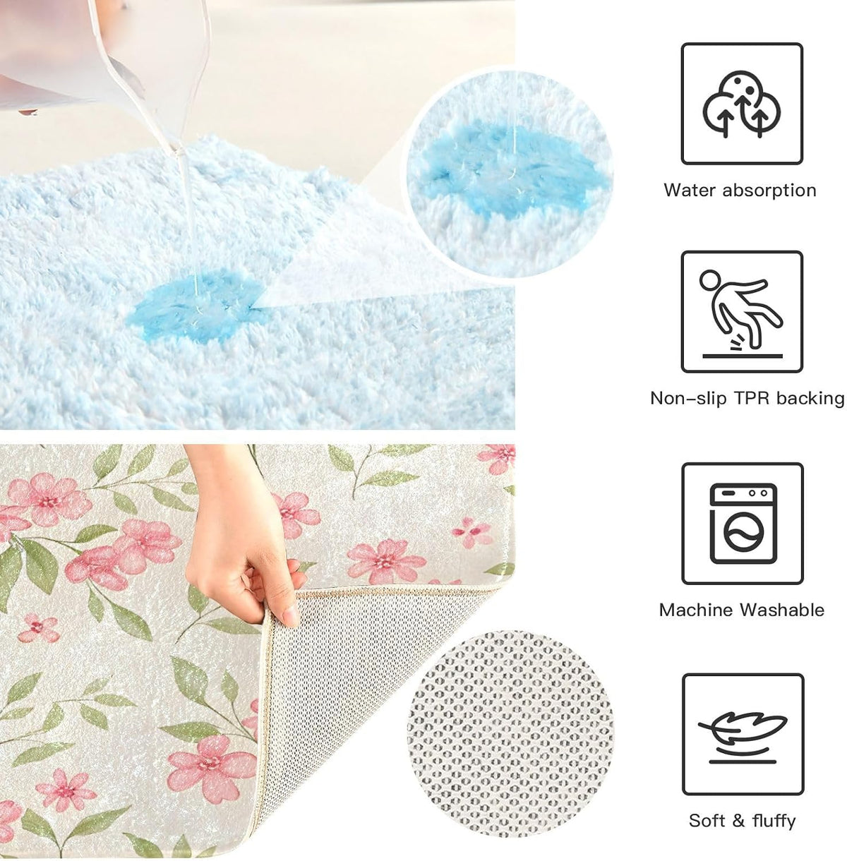 Watercolor Flowers Pink Bathroom Mat Rug 24" x 16" Non Slip Super Absorbent Quick Dry Bath Mats for Bathtub Fluffy Rugs