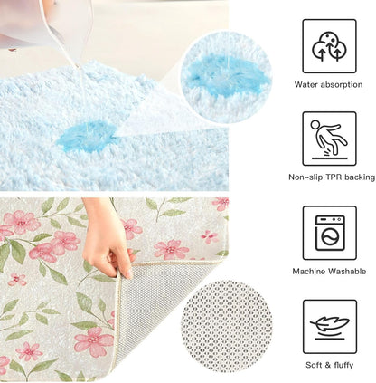 Watercolor Flowers Pink Bathroom Mat Rug 24" x 16" Non Slip Super Absorbent Quick Dry Bath Mats for Bathtub Fluffy Rugs