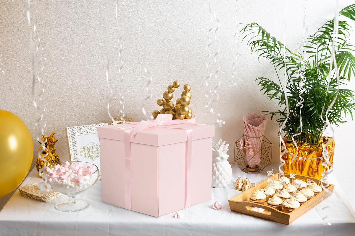 10" Large Gift Box with Lid and Ribbon, Pink Gift Box with Paper Filler for Birthday, Wedding, Mother's Day, Anniversarry Presents Wrapping.